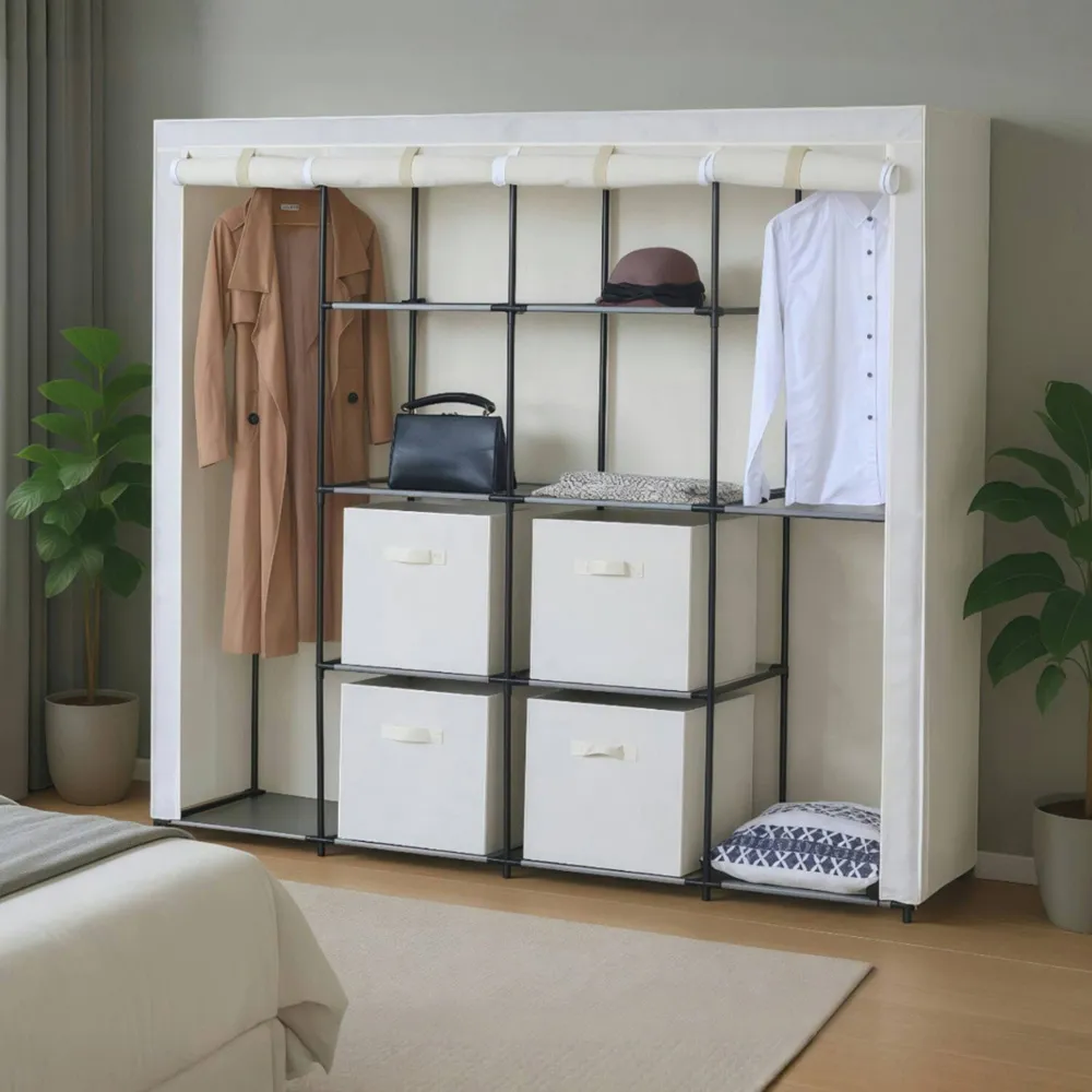 Steel Frame Fabric Wardrobe - Cream