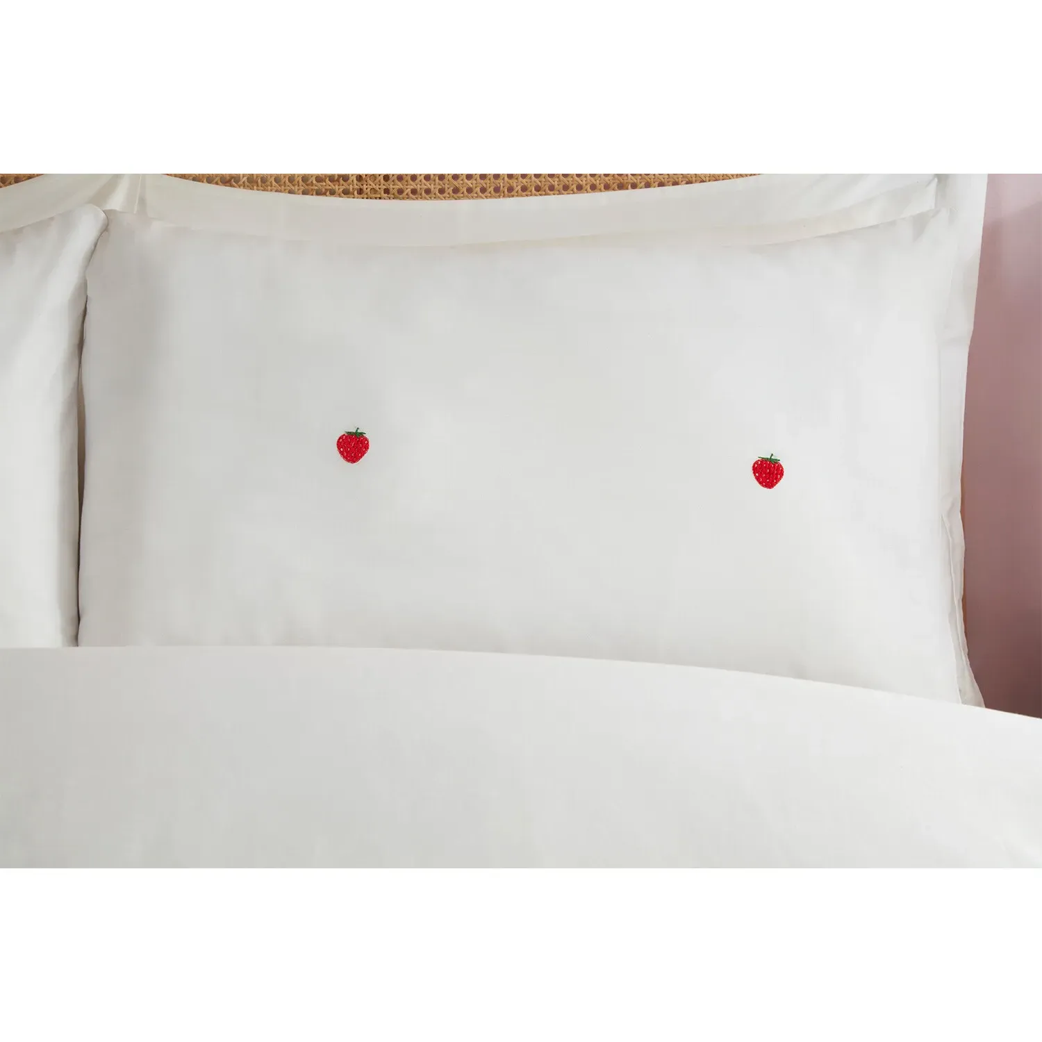 Strawberry Embroidered Double Duvet Cover Set - White