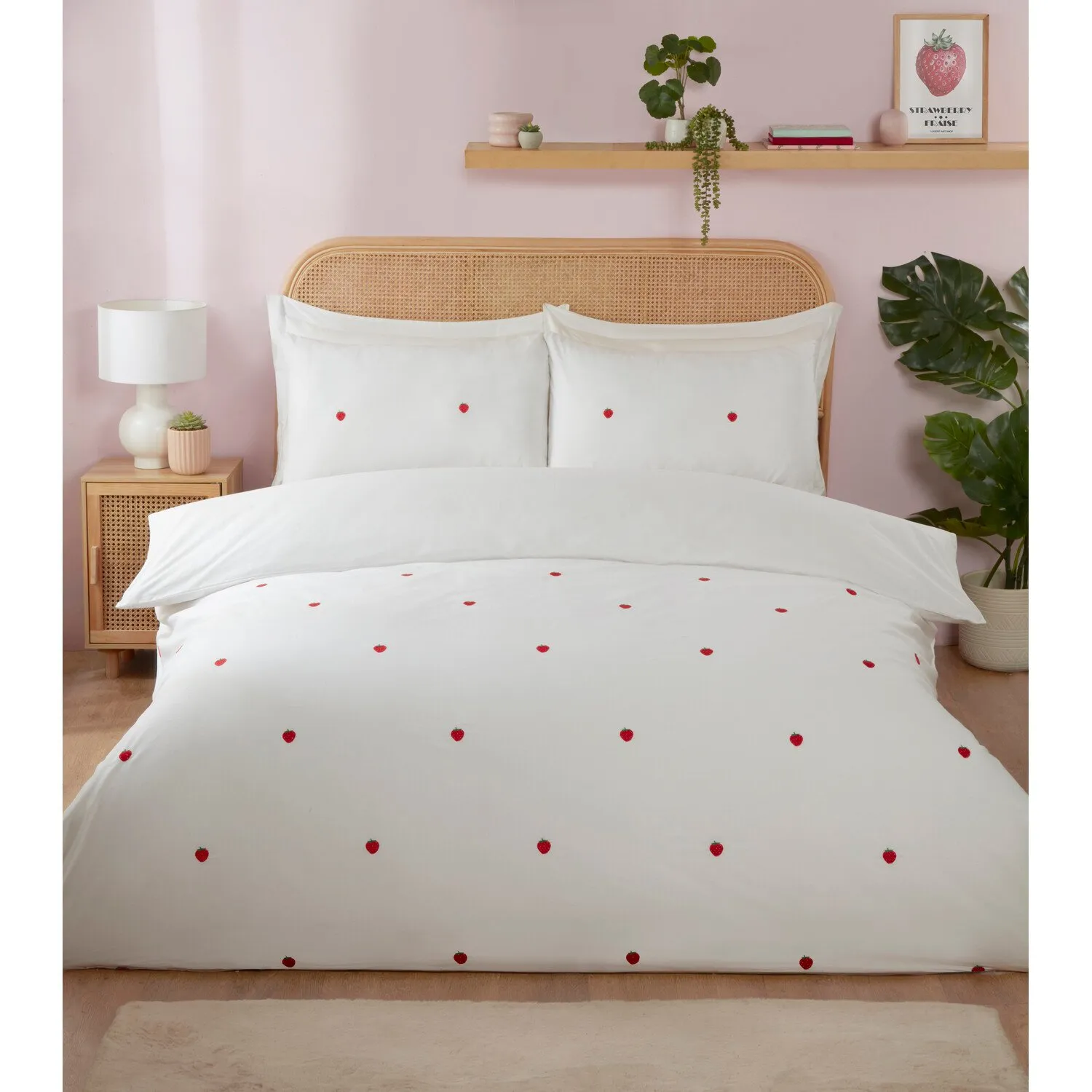 Strawberry Embroidered King Duvet Cover Set - White
