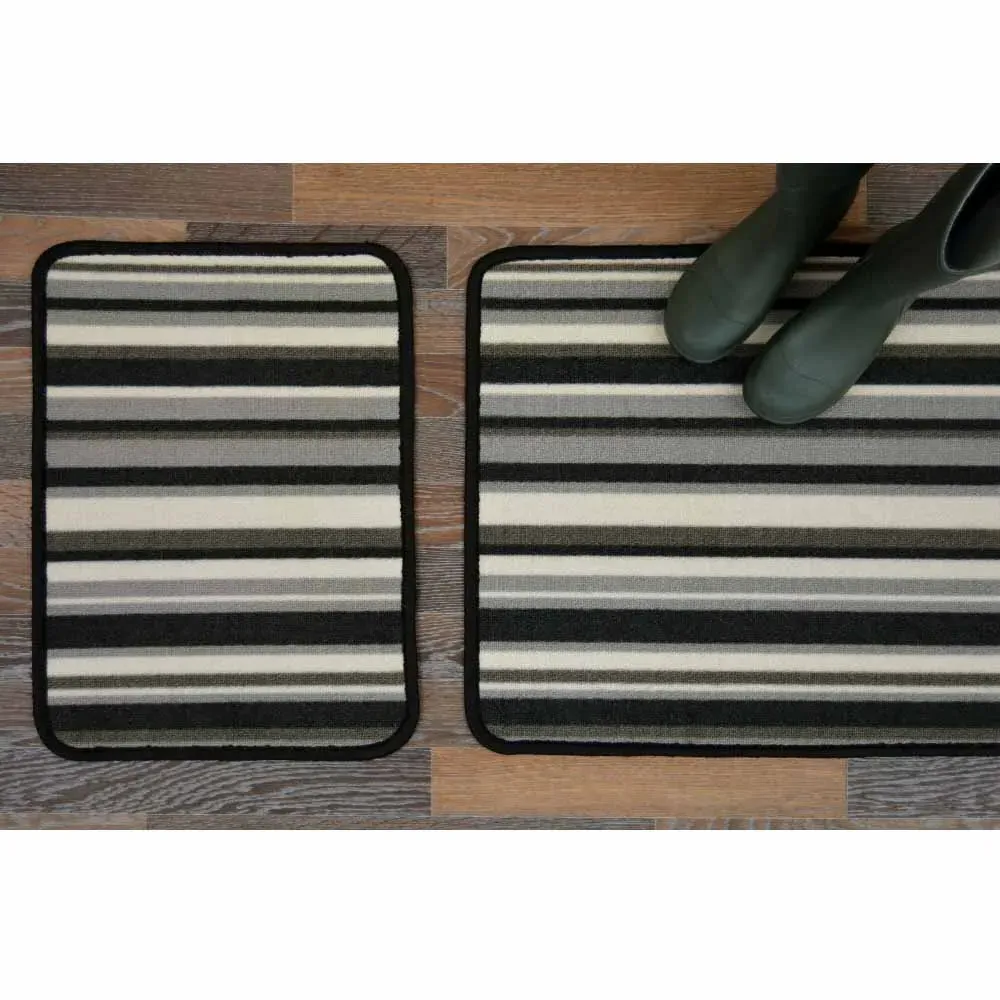 Striped Runner and Doormat Set - Black, Nylon