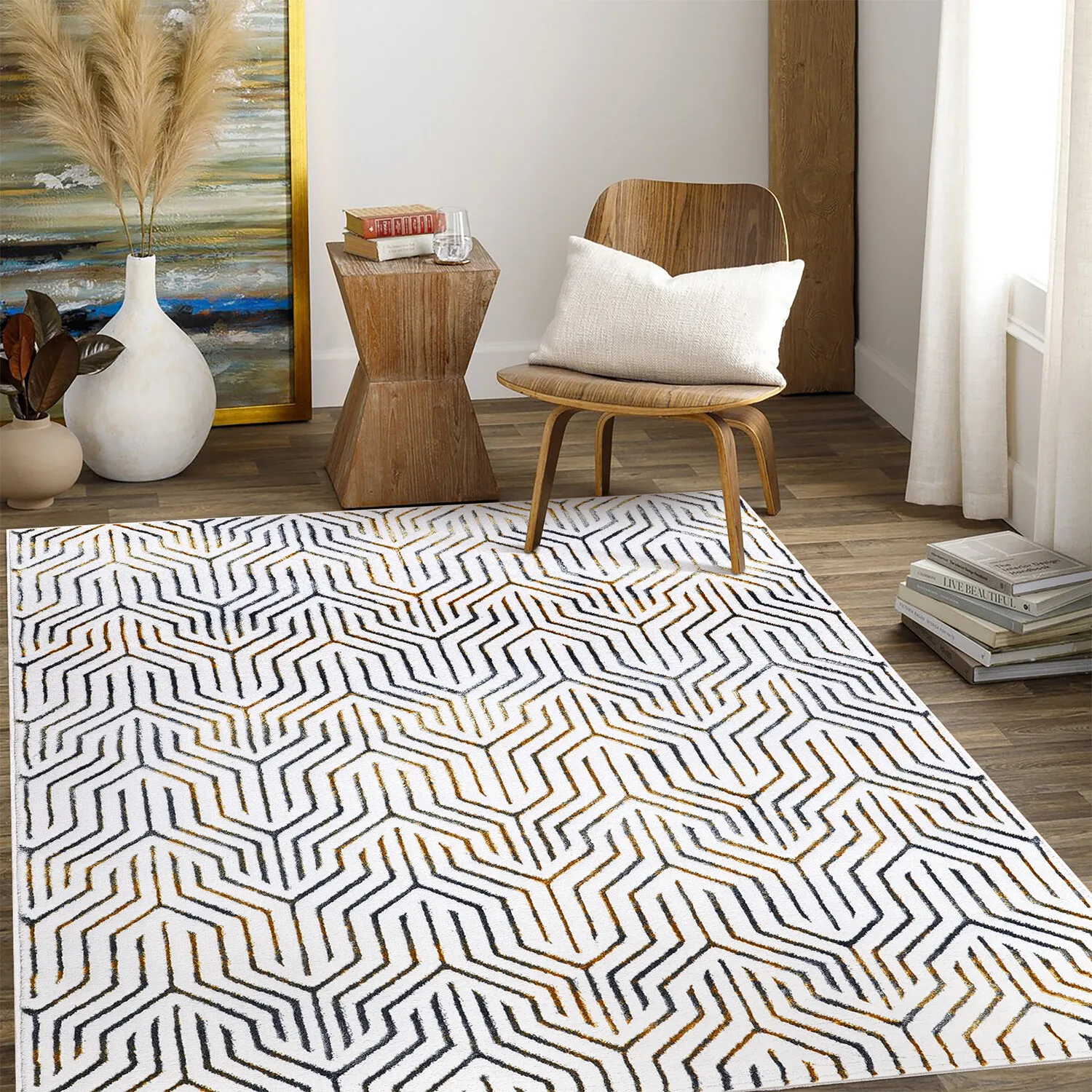 Sunset Geo Strips Rug - Grey, Gold