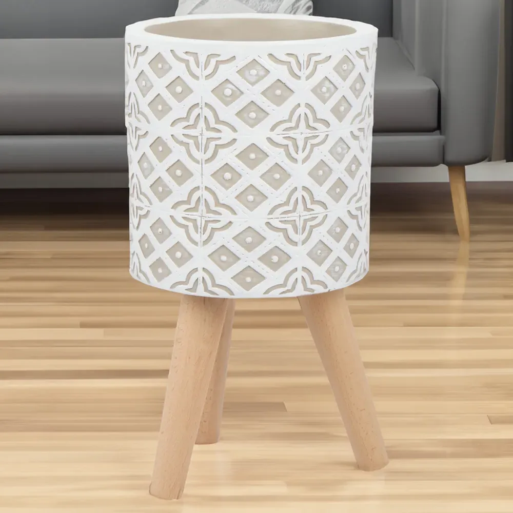 Taupe Tile Print Planter - Taupe, Beech Wood