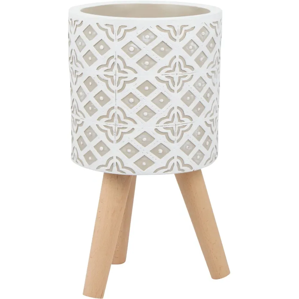 Taupe Tile Print Planter - Taupe, Beech Wood