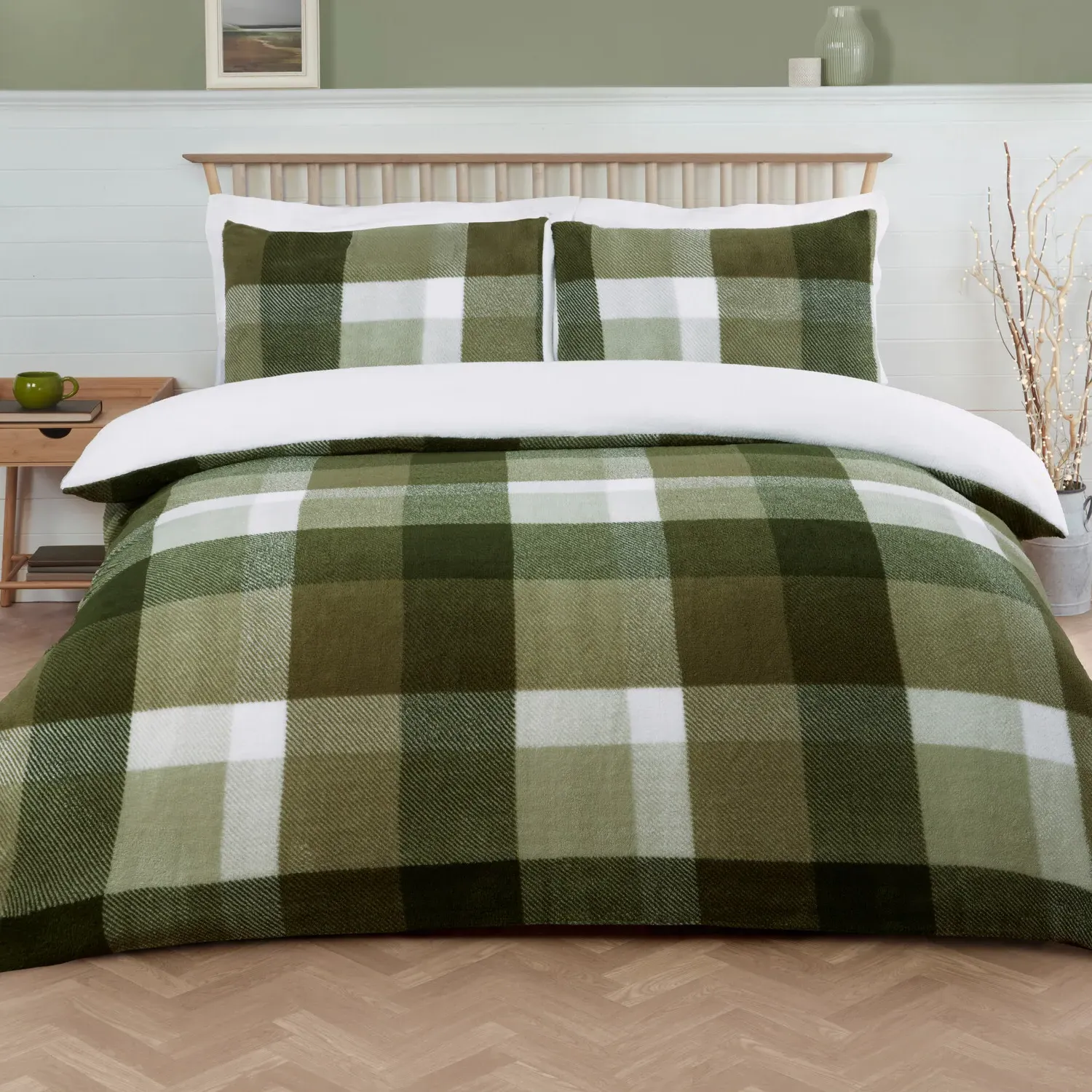 Teddy Fleece Check Double Duvet Set - Green