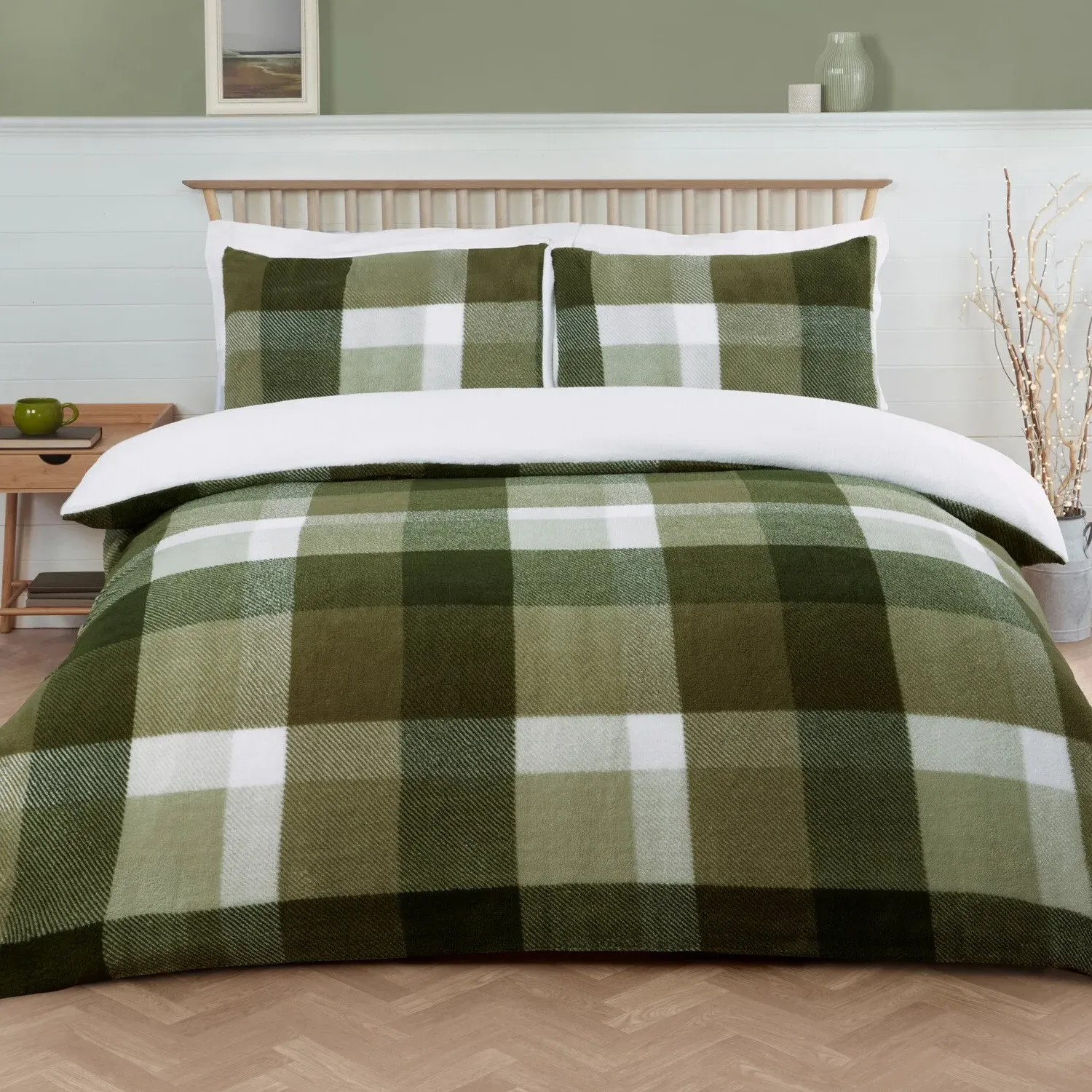 Teddy Fleece Check Double Duvet Set - Green
