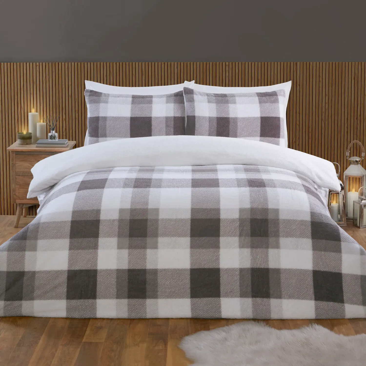 Teddy Fleece Check Double Duvet Set - Grey