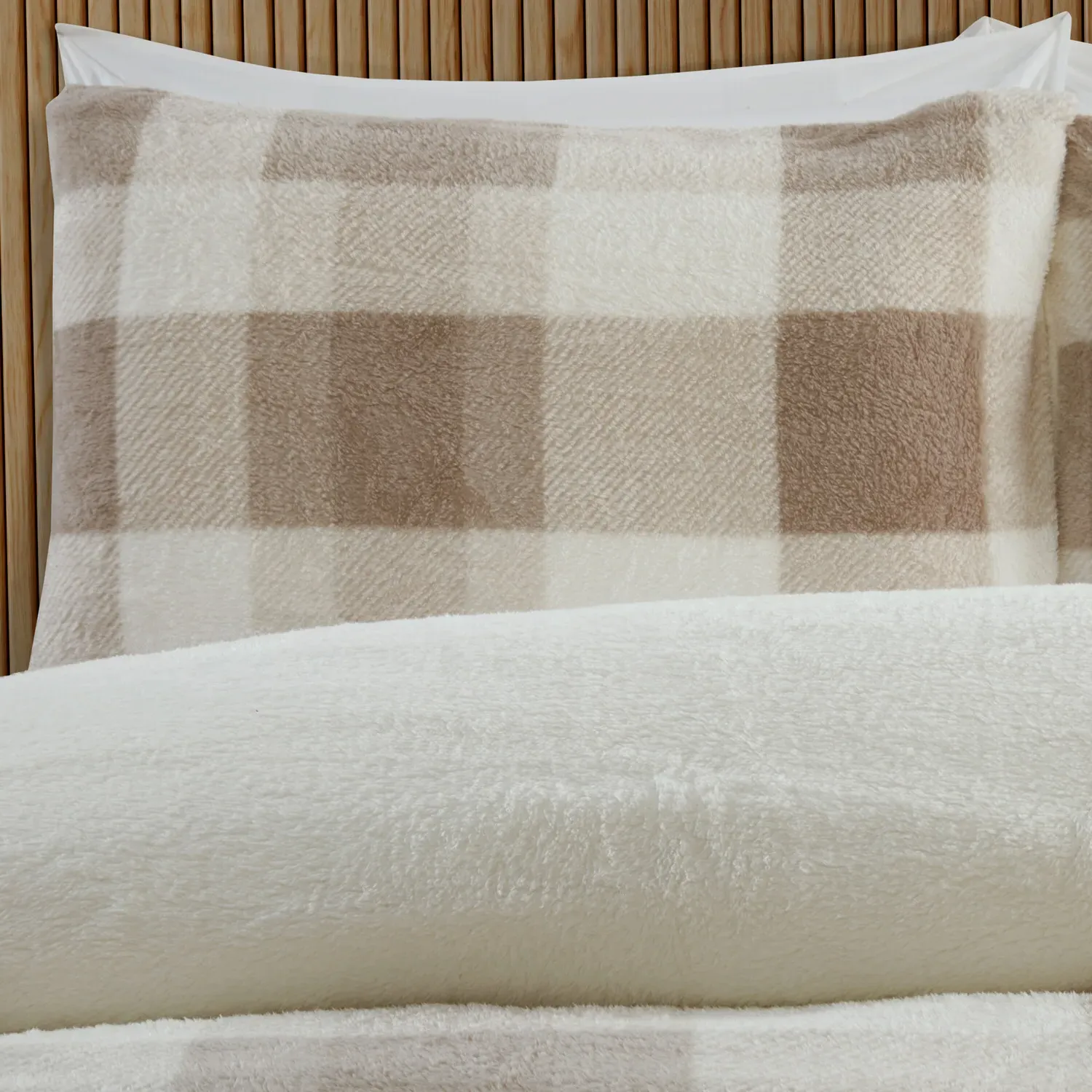 Teddy Fleece Check Double Duvet Set - Natural