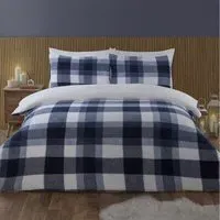 Teddy Fleece Check Duvet Set - Navy, Polyester