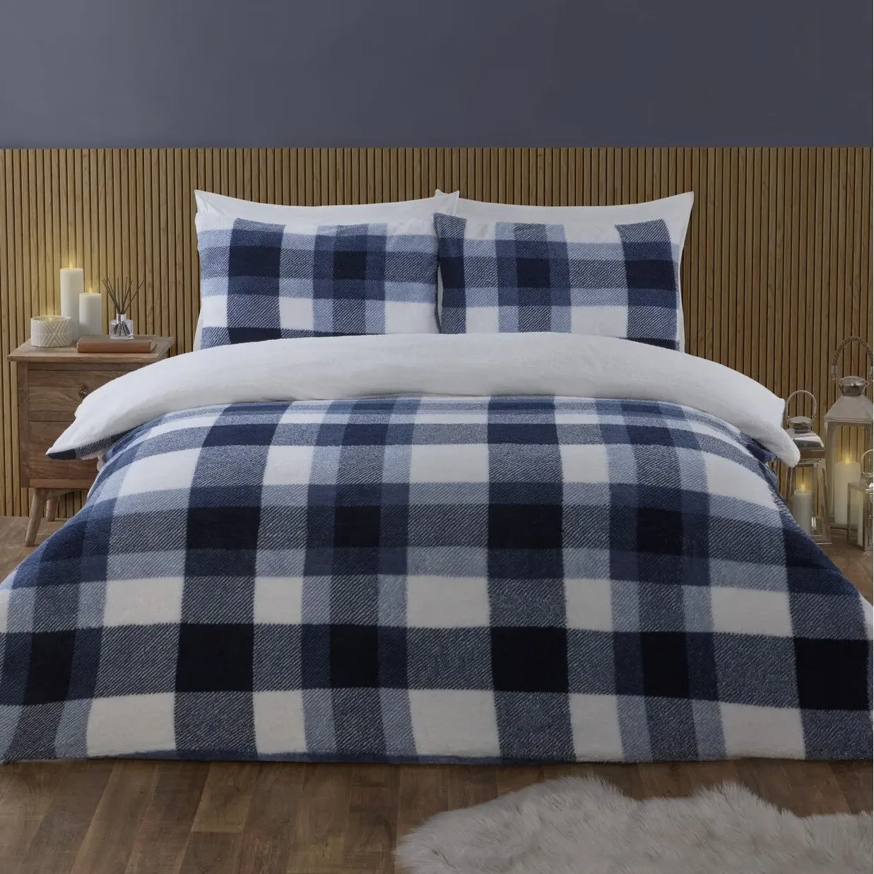 Teddy Fleece Check Duvet Set - Navy, Polyester