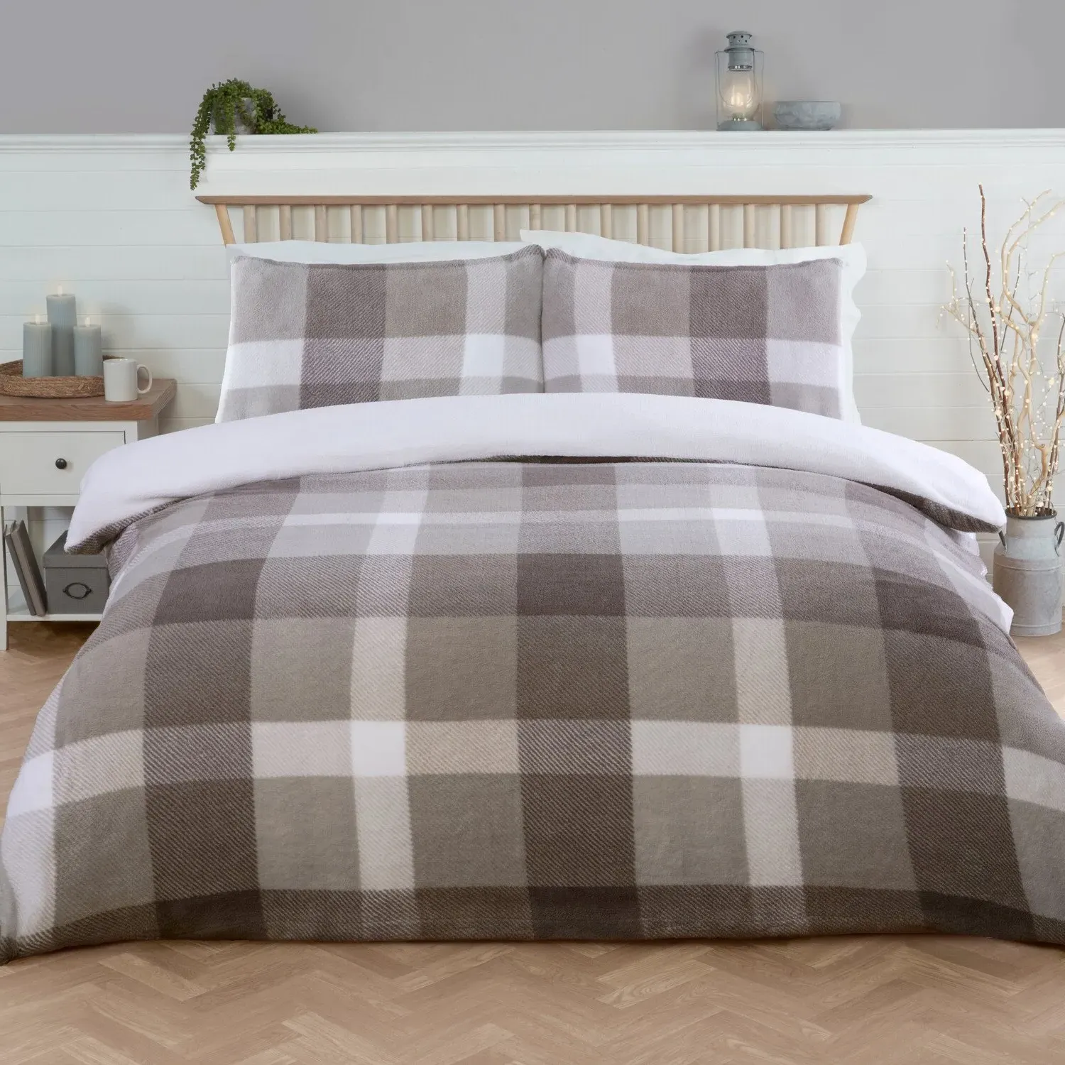 Teddy Fleece Check King Size Duvet Set - Grey