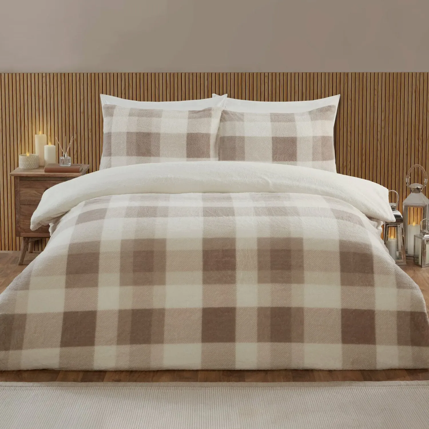 Teddy Fleece Check King Size Duvet Set - Natural