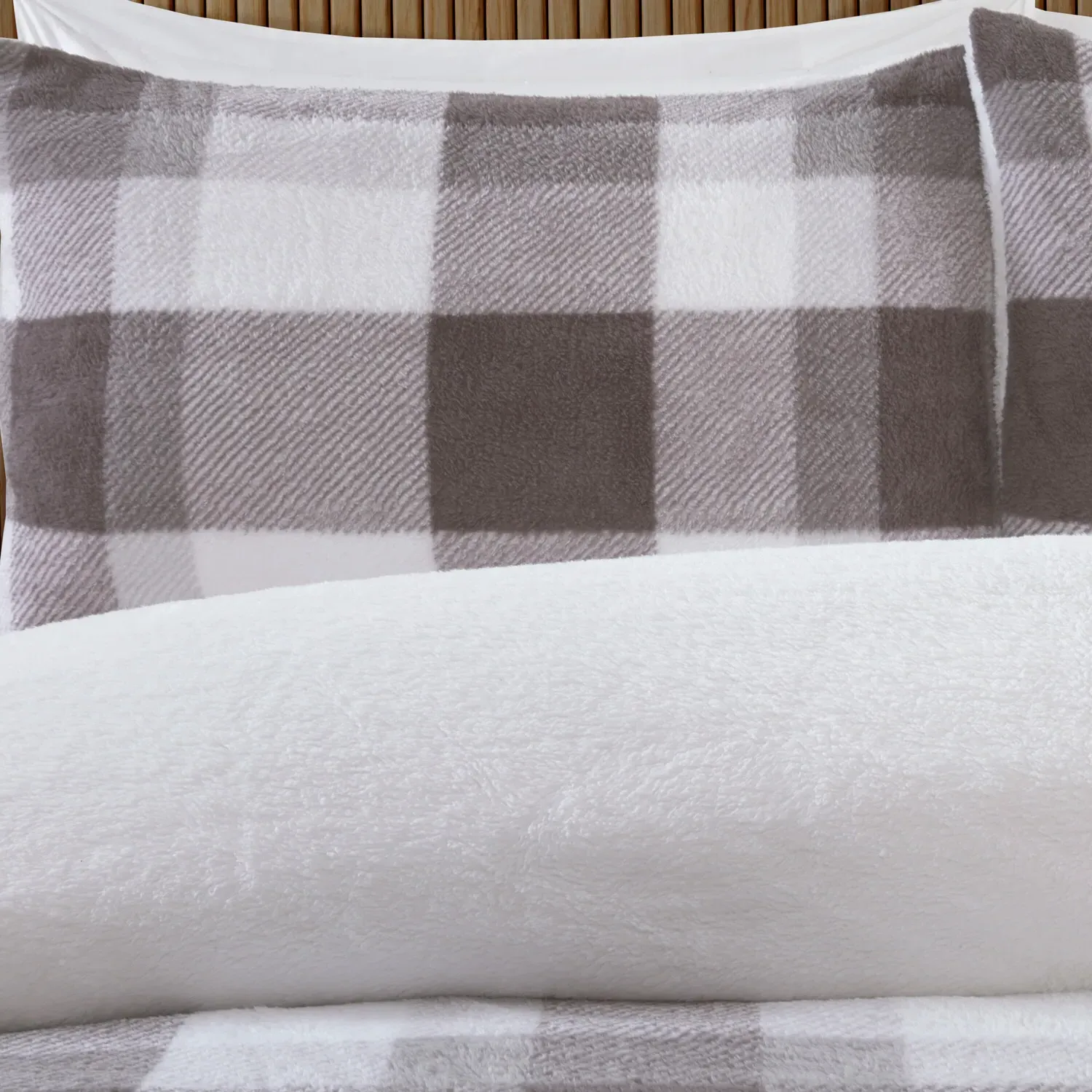 Teddy Fleece Check Single Duvet Set - Grey