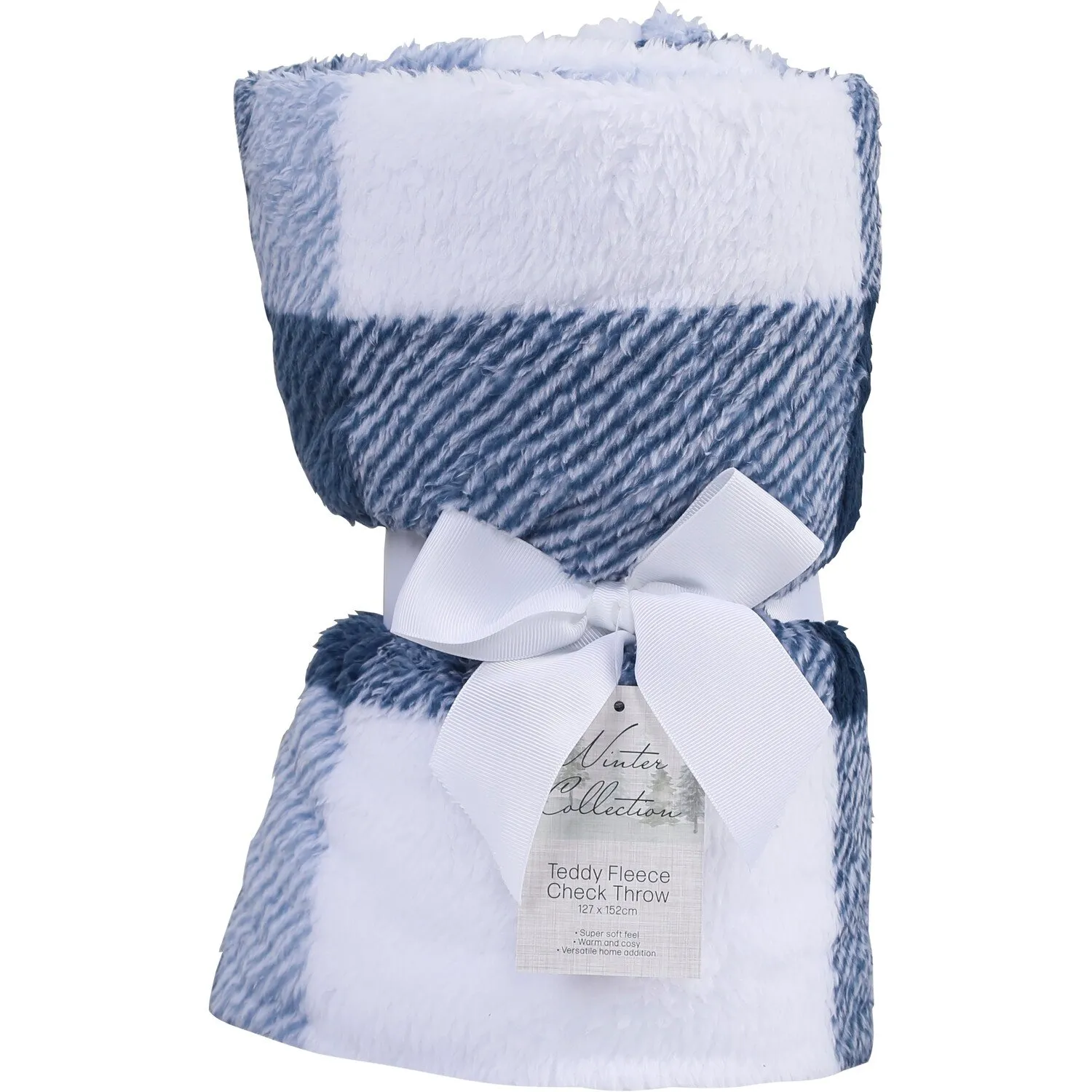 Teddy Fleece Check Throw - Navy