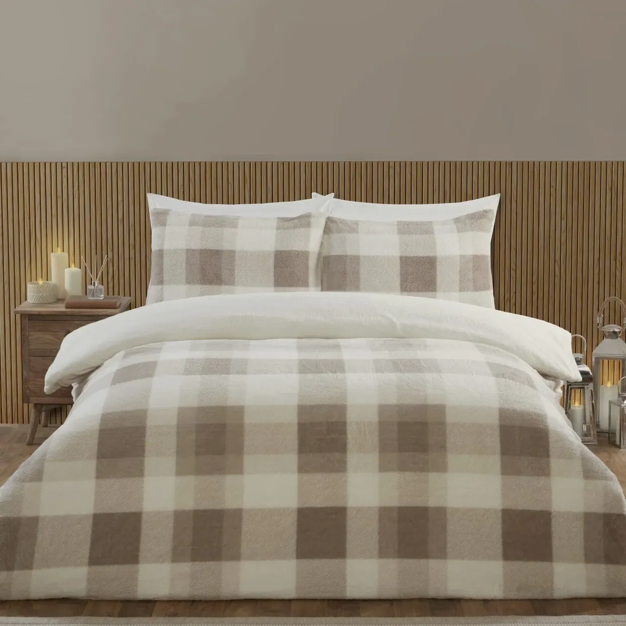 Teddy Fleece Double Check Duvet Set - Natural, Polyester