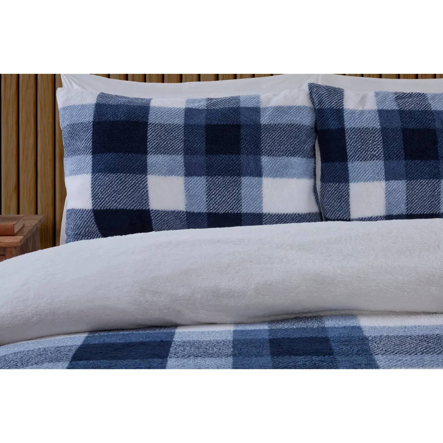 Teddy Fleece Double Check Duvet Set - Navy, Polyester