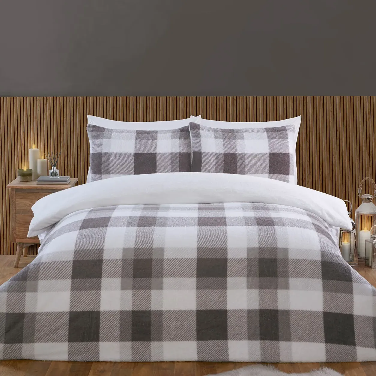 Teddy Fleece King Check Duvet Set - Grey, Polyester