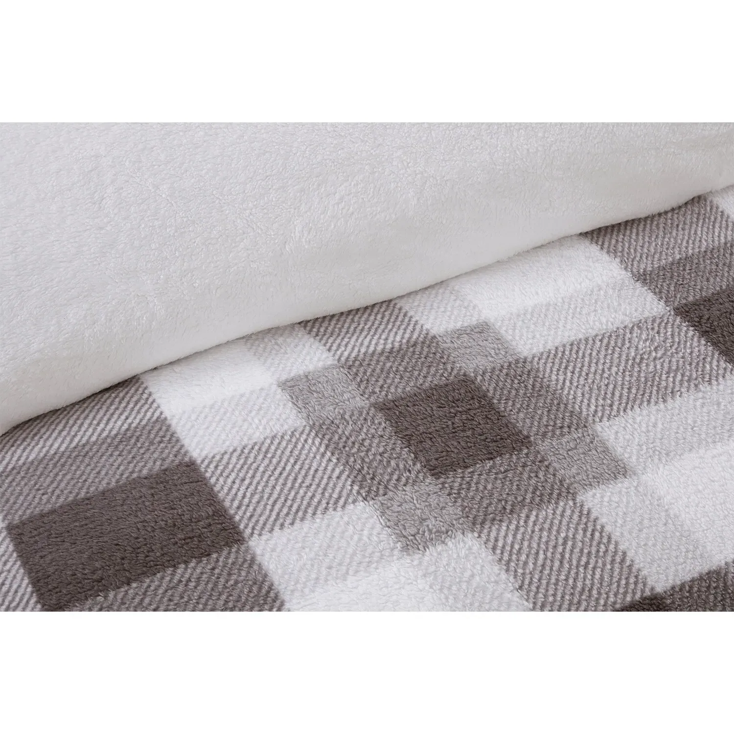 Teddy Fleece Single Check Duvet Set - Grey, Polyester