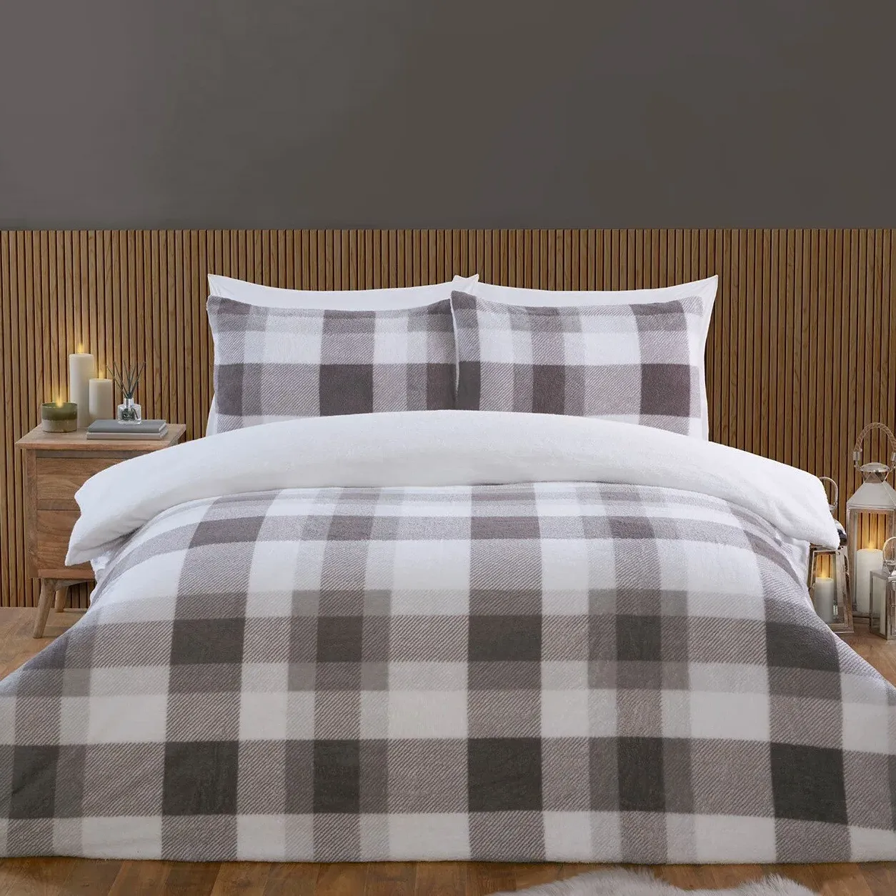 Teddy Fleece Single Check Duvet Set - Grey, Polyester