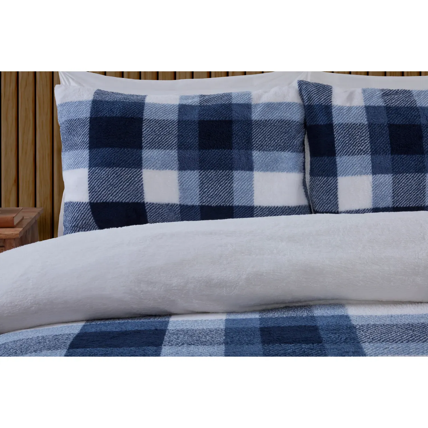 Teddy Fleece Single Check Duvet Set - Navy, Polyester