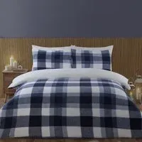Teddy Fleece Single Check Duvet Set - Navy, Polyester