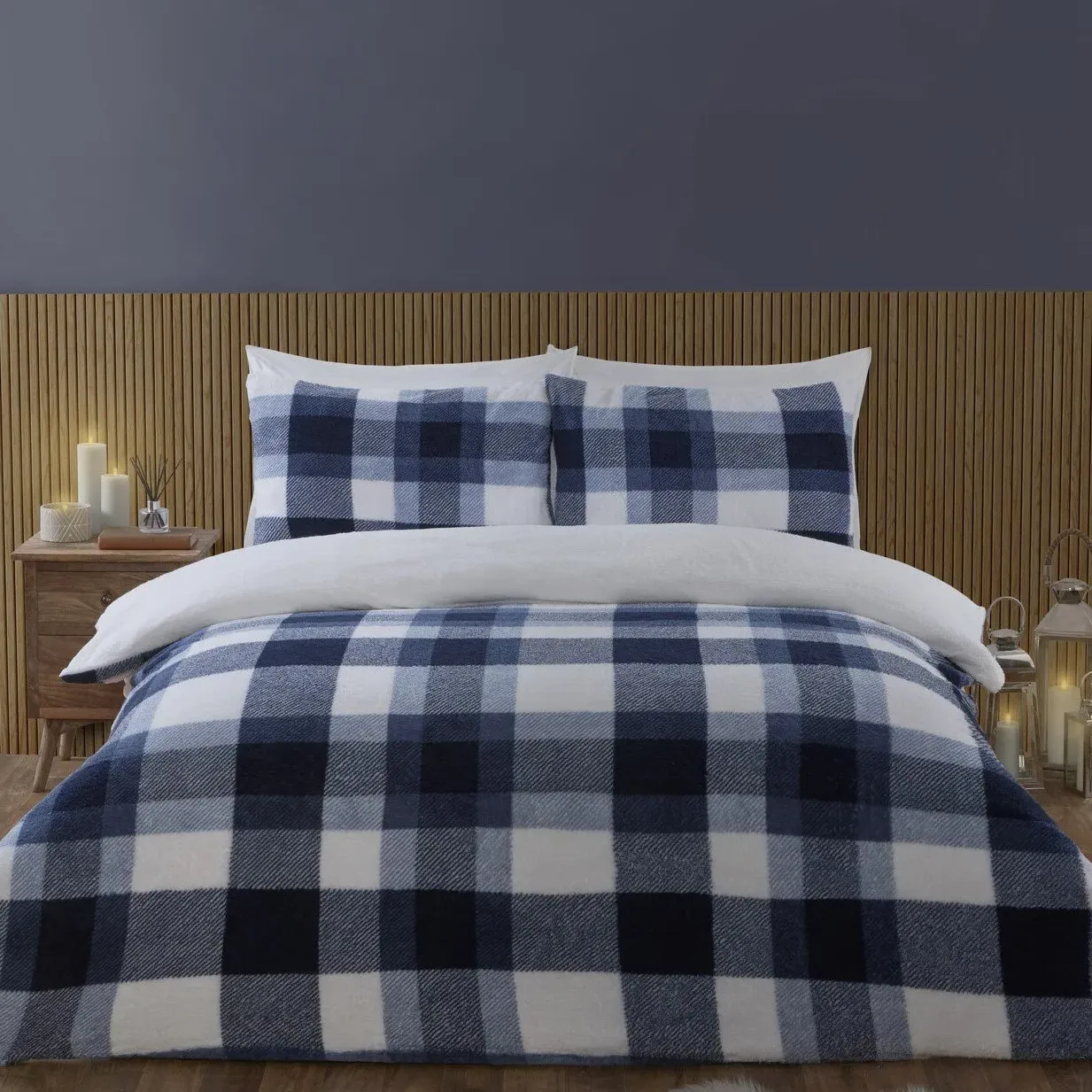 Teddy Fleece Single Check Duvet Set - Navy, Polyester