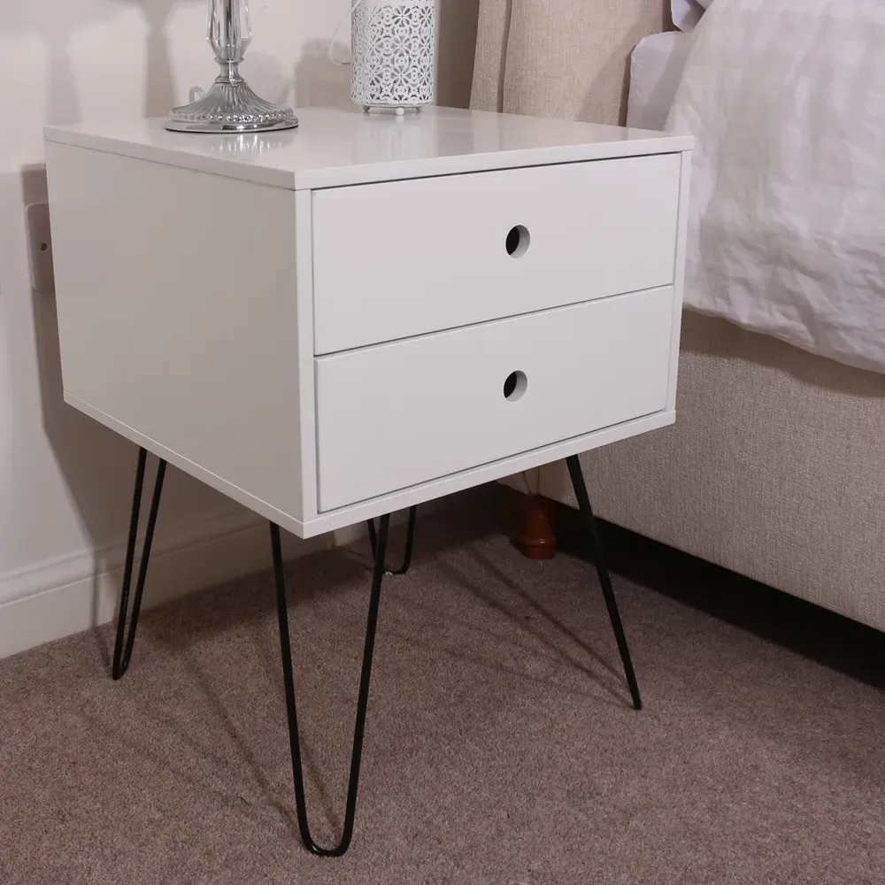 Telford 2 Drawer Bedside Table - White, Metal