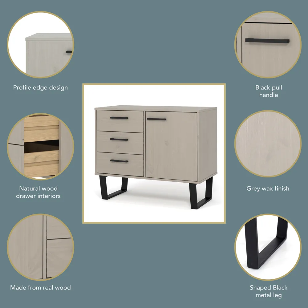 Texas Single Door 3 Drawer Sideboard - Grey, Pine