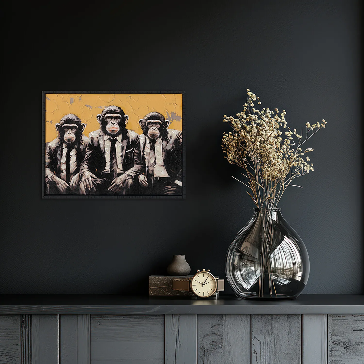 Trio of Monkeys Textured Framed Canvas - Golden
