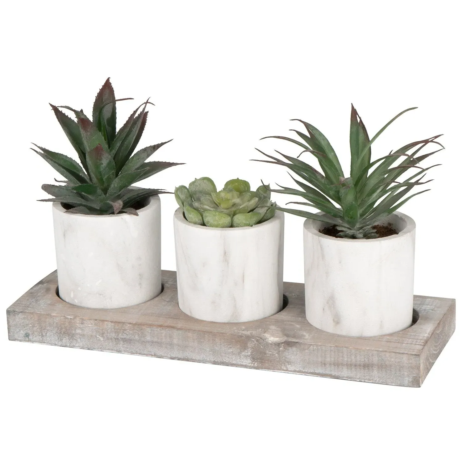 Triple Mini Succulent Artificial Plants - Wooden Tray