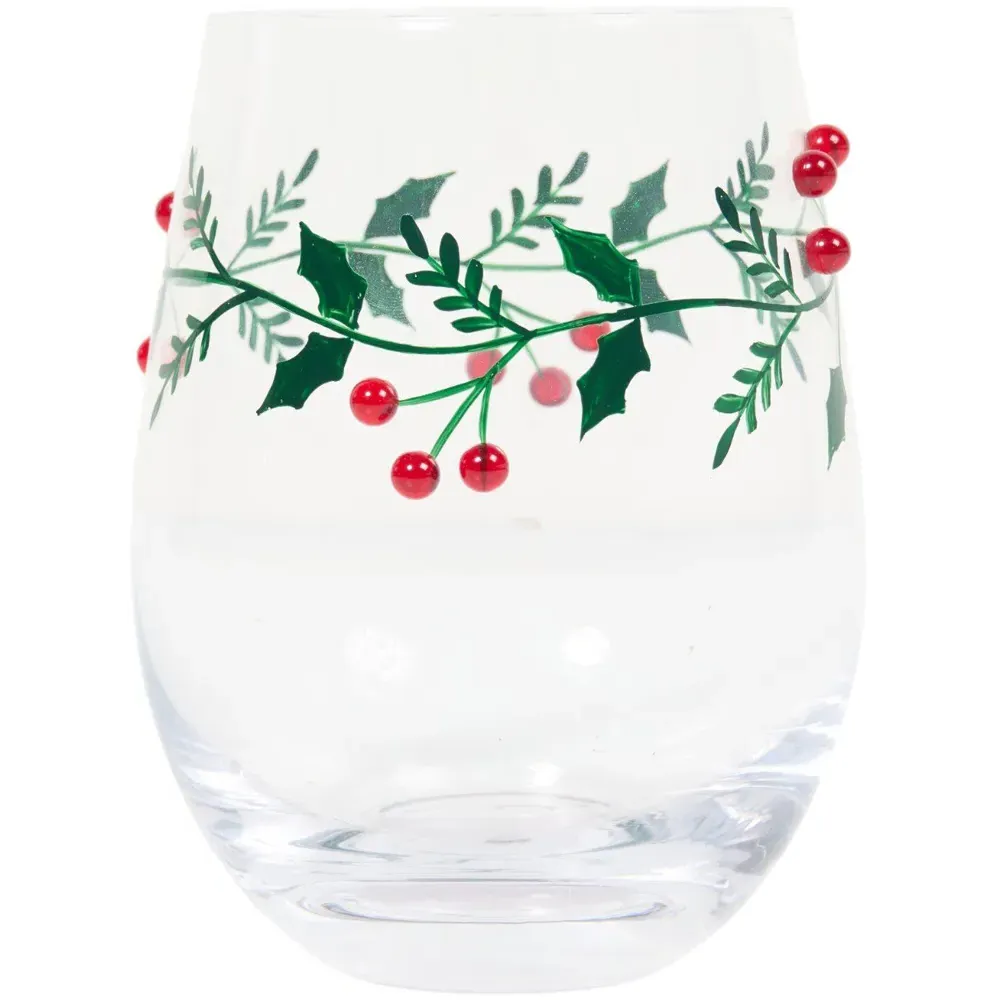 Tumbler Glass with Mistletoe Decoration - Clear