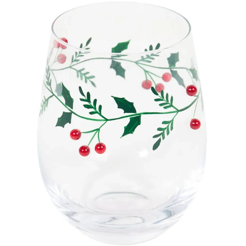 Tumbler Glass with Mistletoe Decoration - Clear