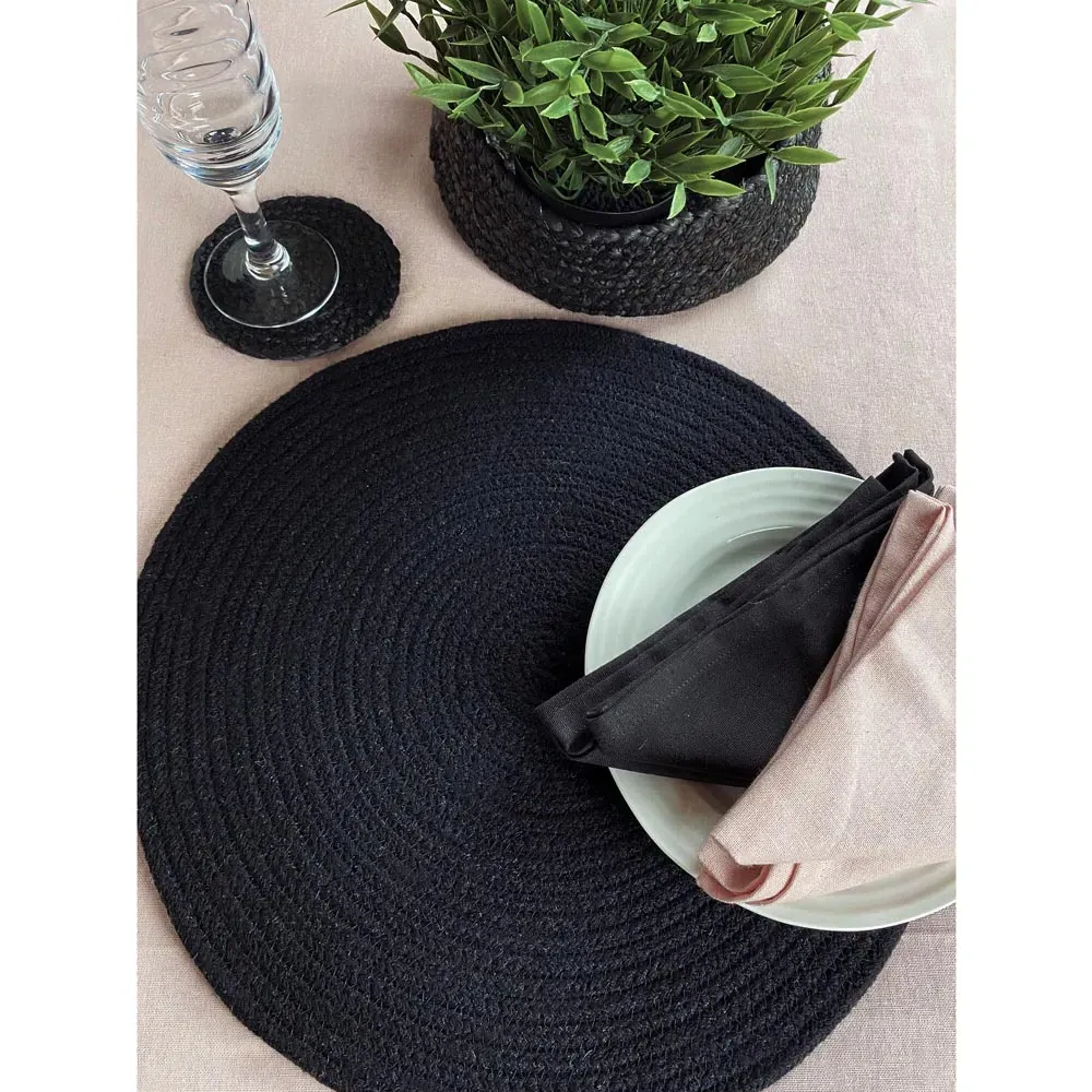 Tweed Round Placemats 2 Pack - Black, Cotton