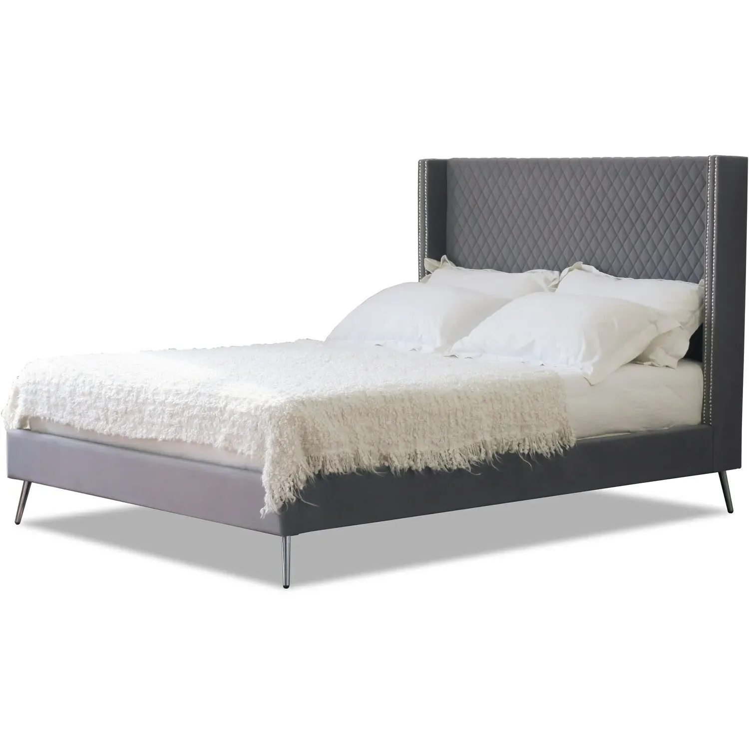 Vanessa Double Bed Frame with Wings - Grey, Fabric
