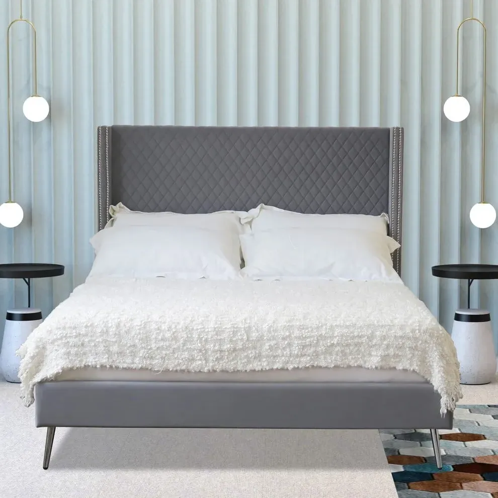 Vanessa Double Bed Frame with Wings - Grey, Fabric