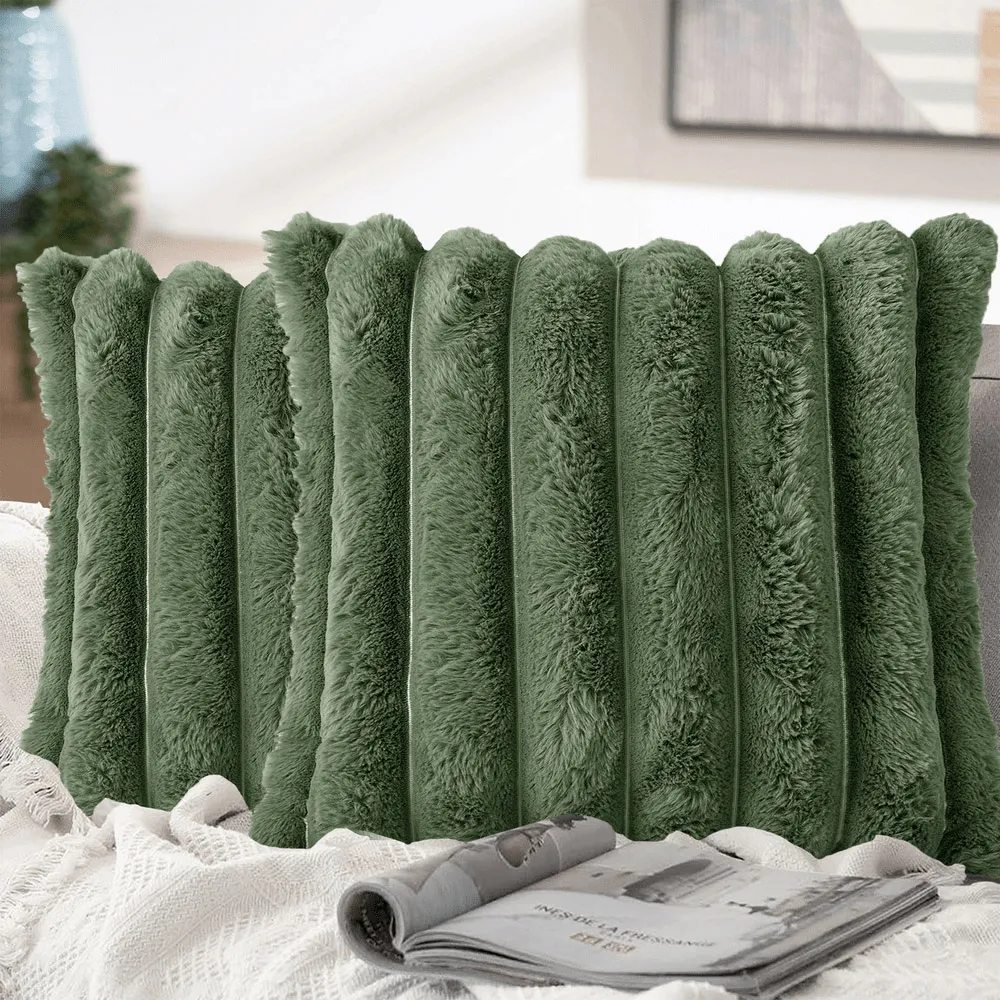 Velosso Chunky Cord Cushion Cover - Olive, Faux Fur