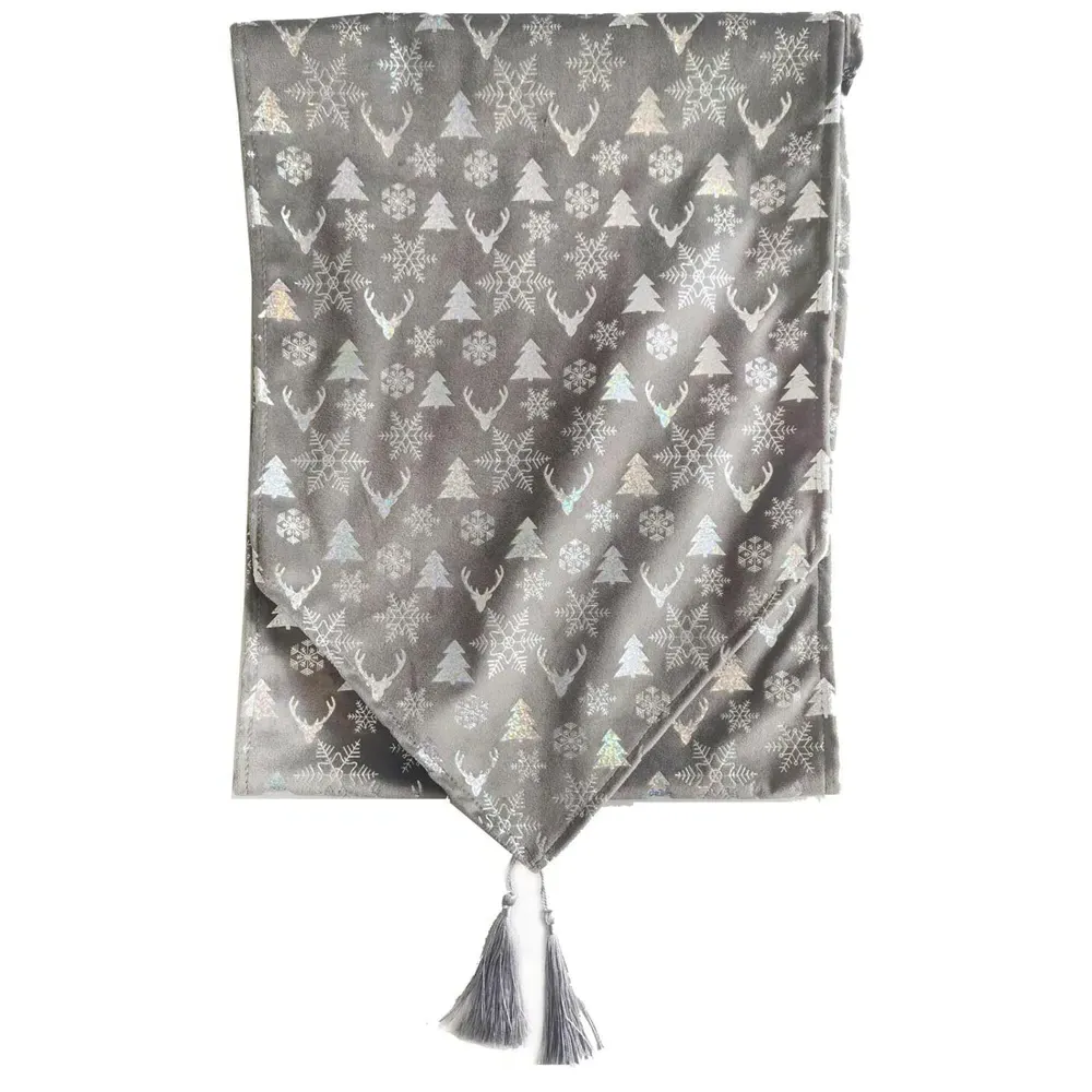 Velvet Table Runner with Tassels - Blue/Grey