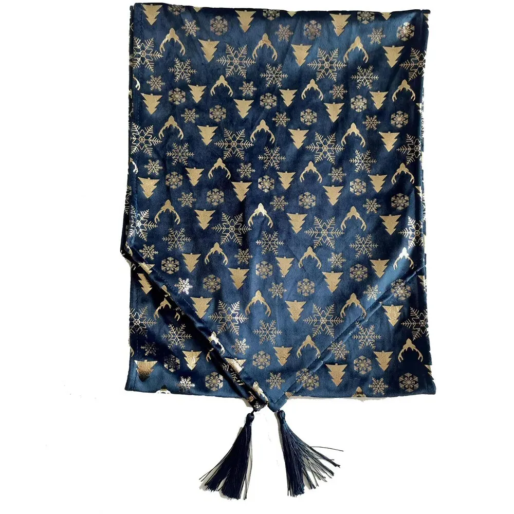 Velvet Table Runner with Tassels - Blue/Grey