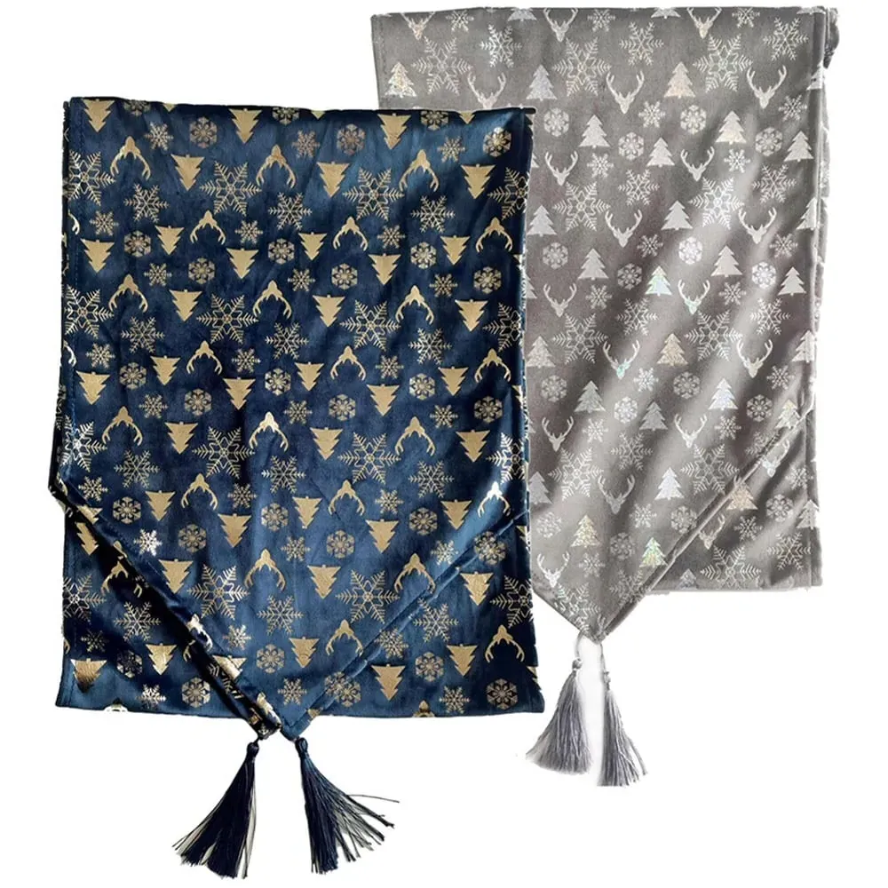 Velvet Table Runner with Tassels - Blue/Grey image