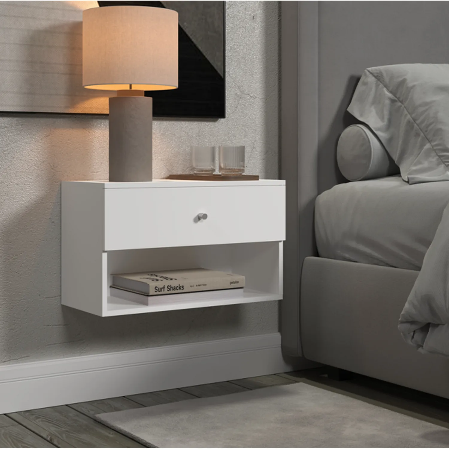Wall Hanging Cube Bedside Table - Matt White