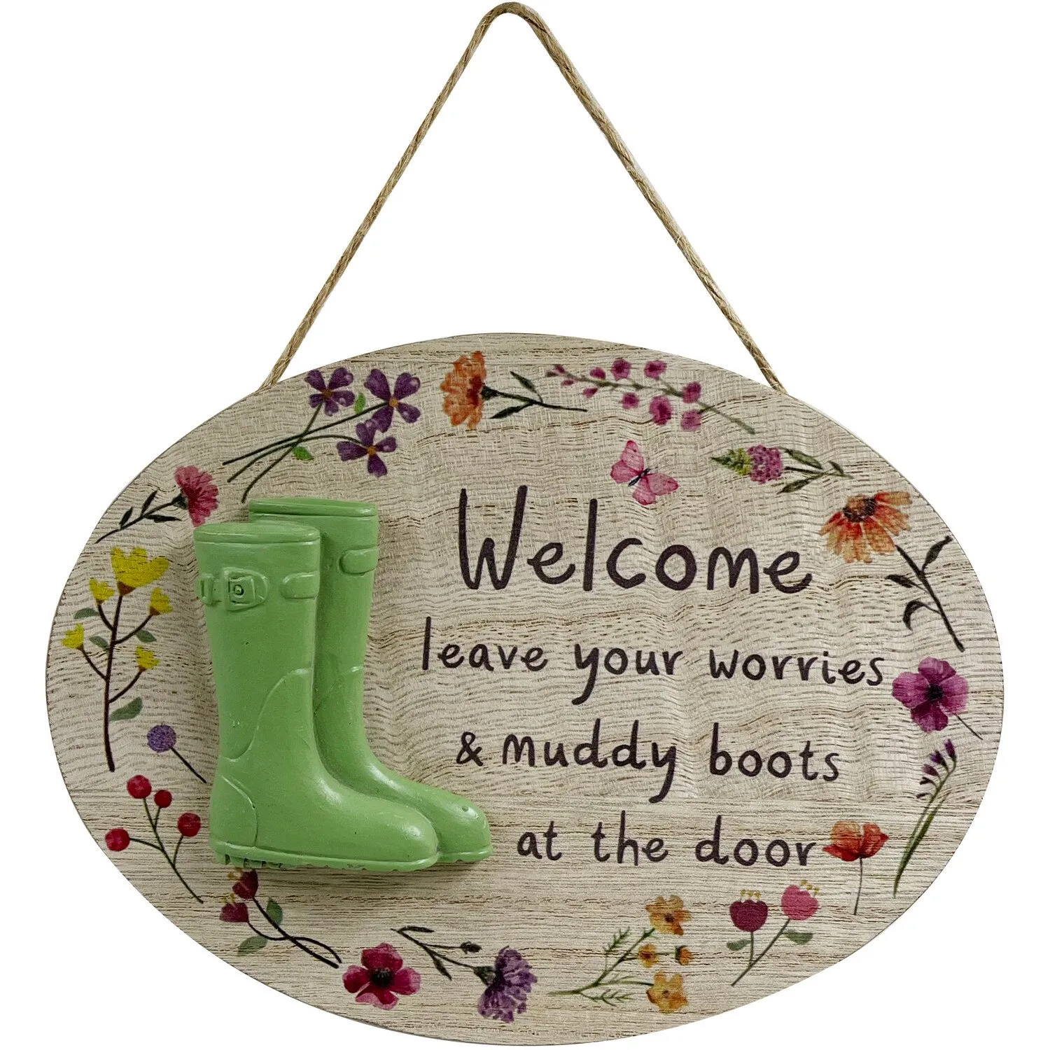 Welcome Muddy Boots Hanging Plaque - Natural image
