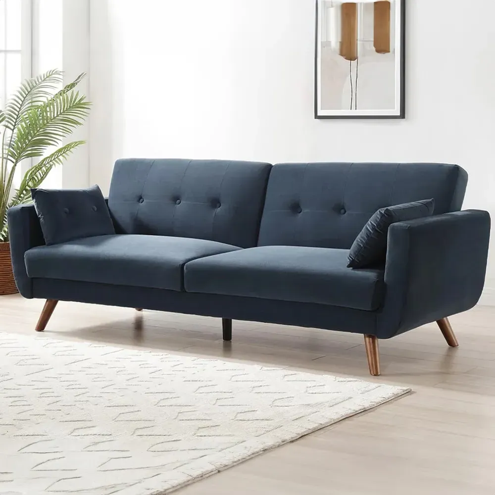 Weston 2-Seater Sofa Bed with Button Detail - Blue, Velvet