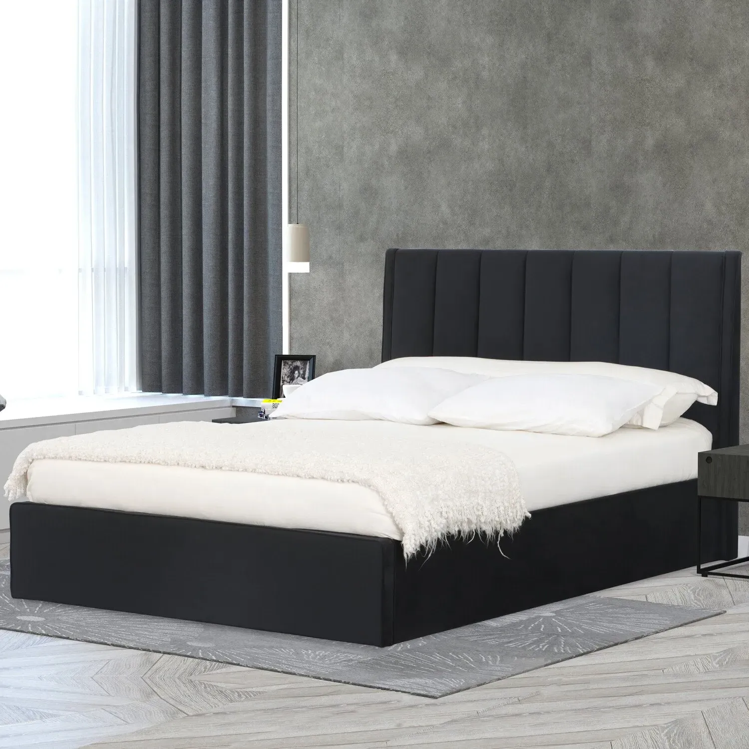 Willow King Size Ottoman Bed with Storage - Black, Velvet