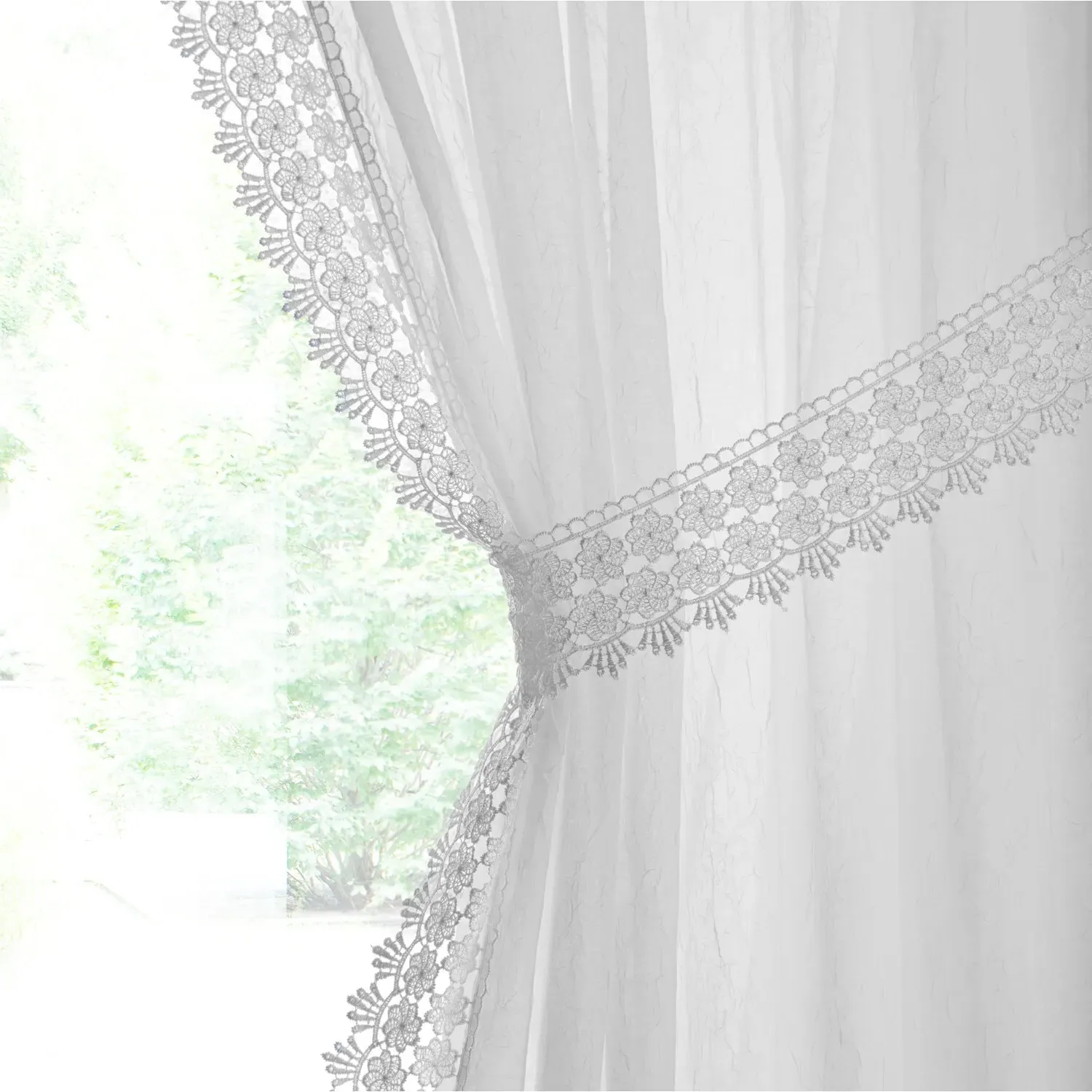Windsor Macrame Edge Voile with Tie - White