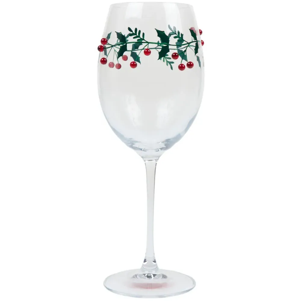 Wine Glass with Mistletoe Decoration - Clear