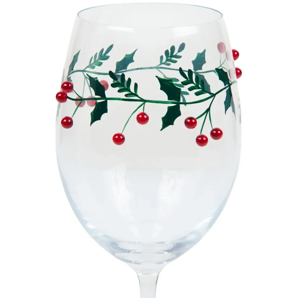 Wine Glass with Mistletoe Decoration - Clear