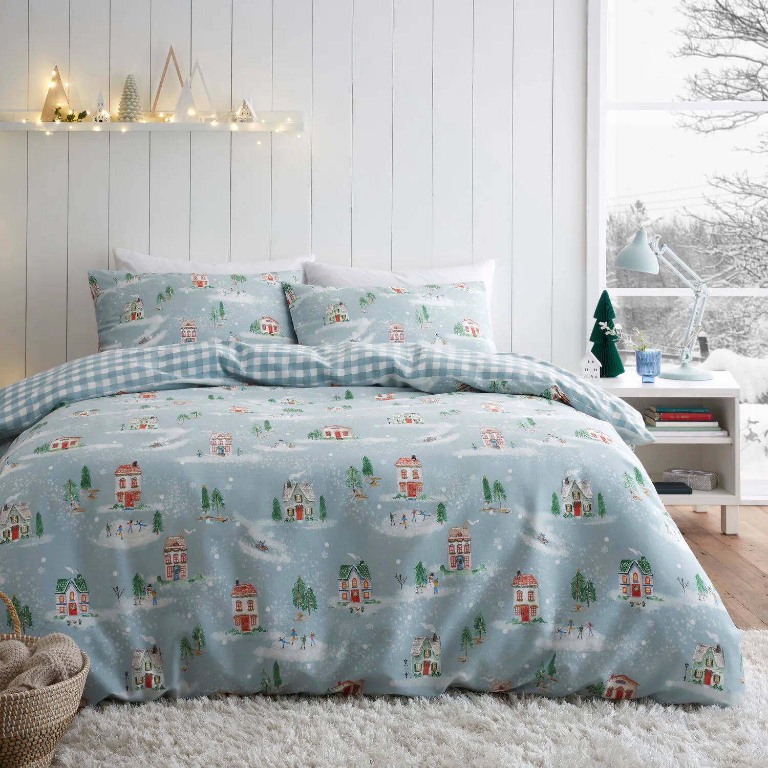 Winter Houses Double Duvet Set - Blue, Cotton image