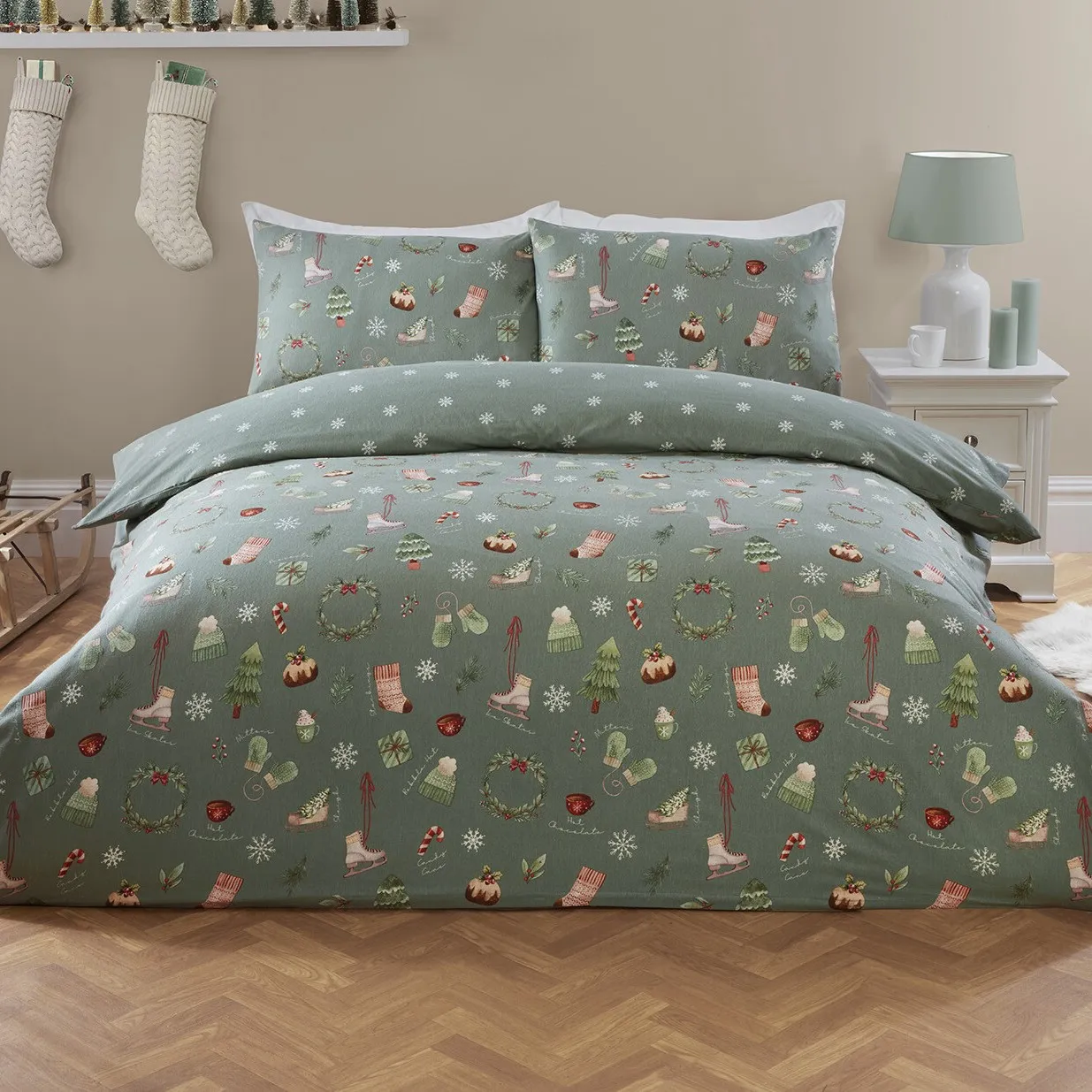 Winter Warmers Double Duvet Cover Set - Green, Cotton