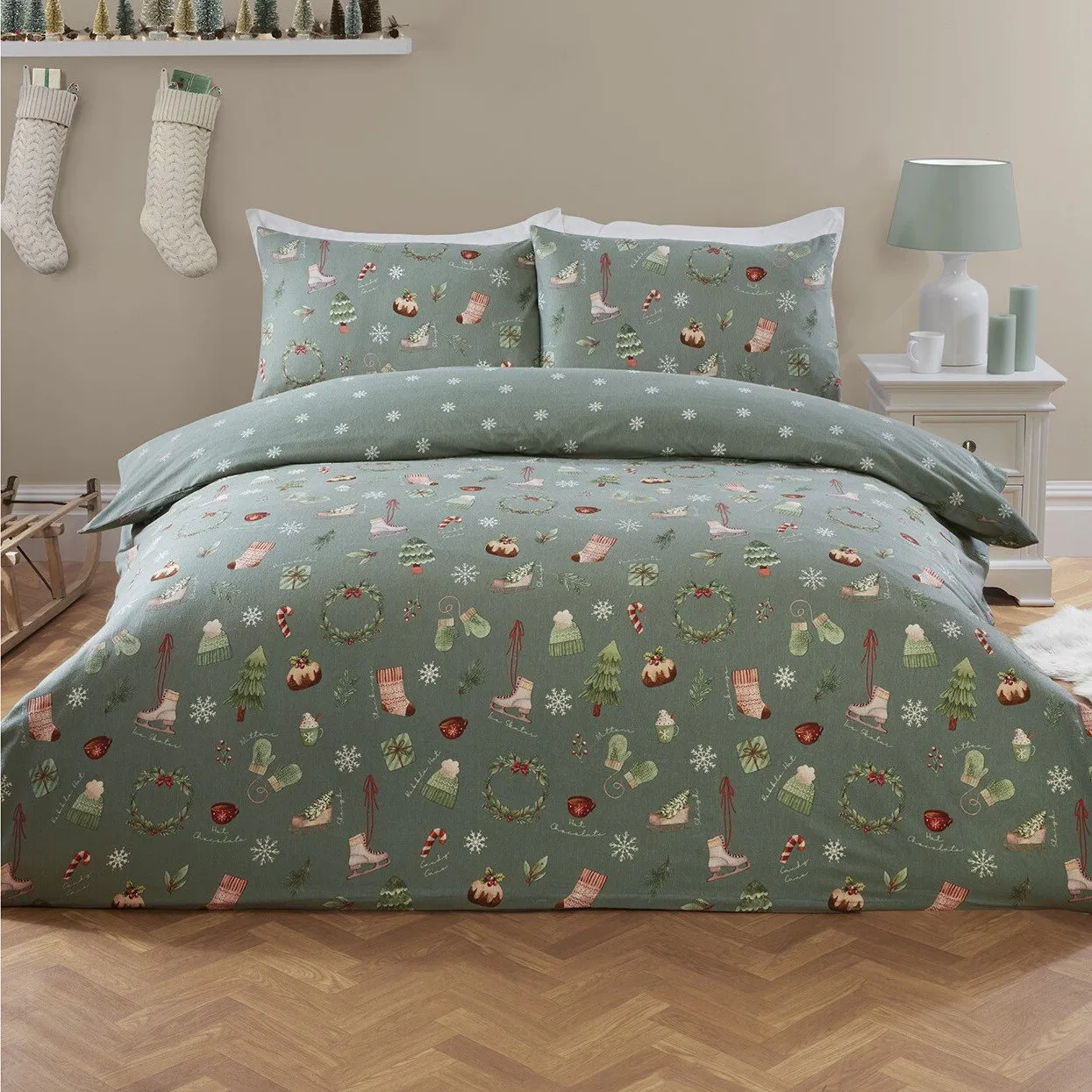 Winter Warmers King Size Duvet Cover Set - Green, Cotton