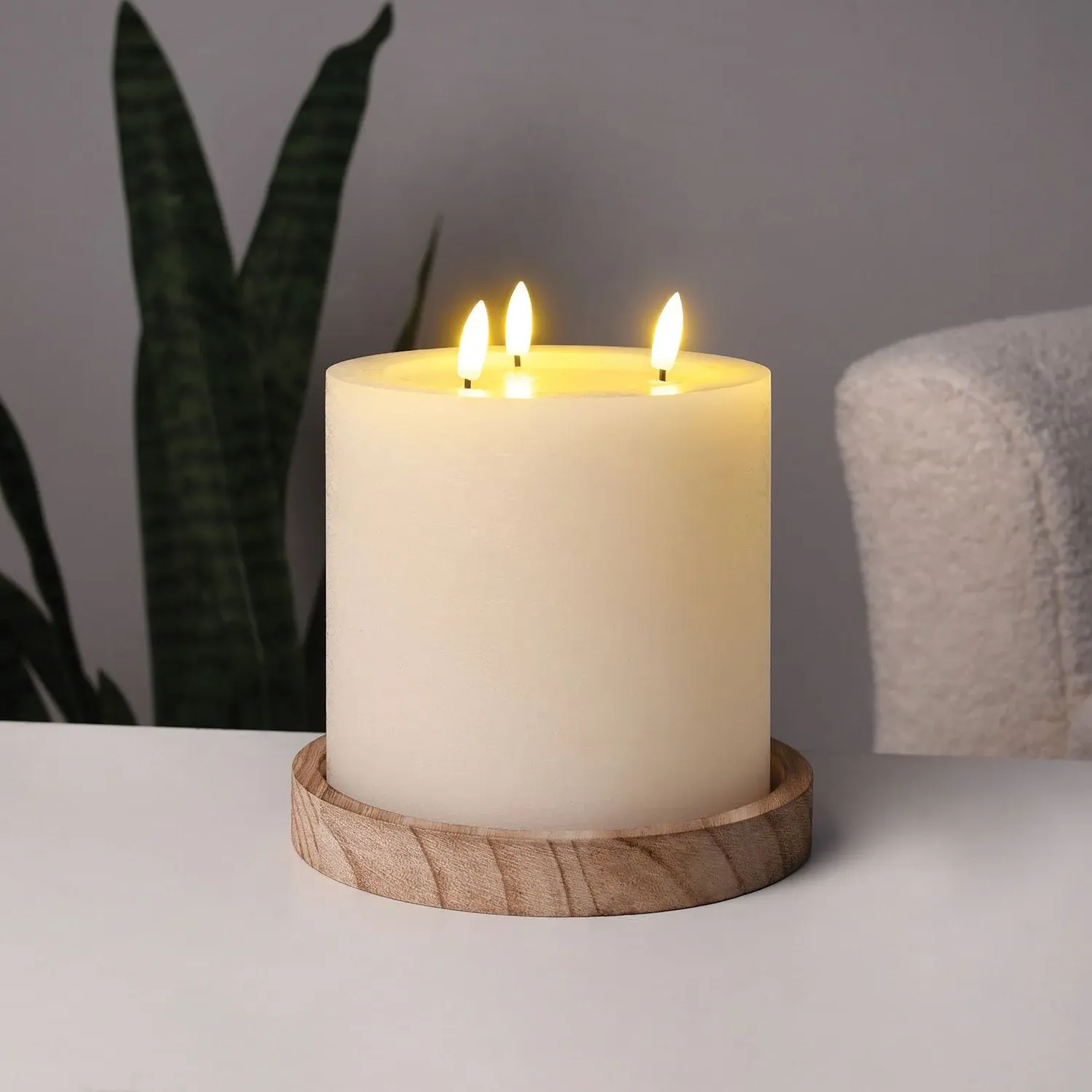 Wooden Base LED Candle Centrepiece - White