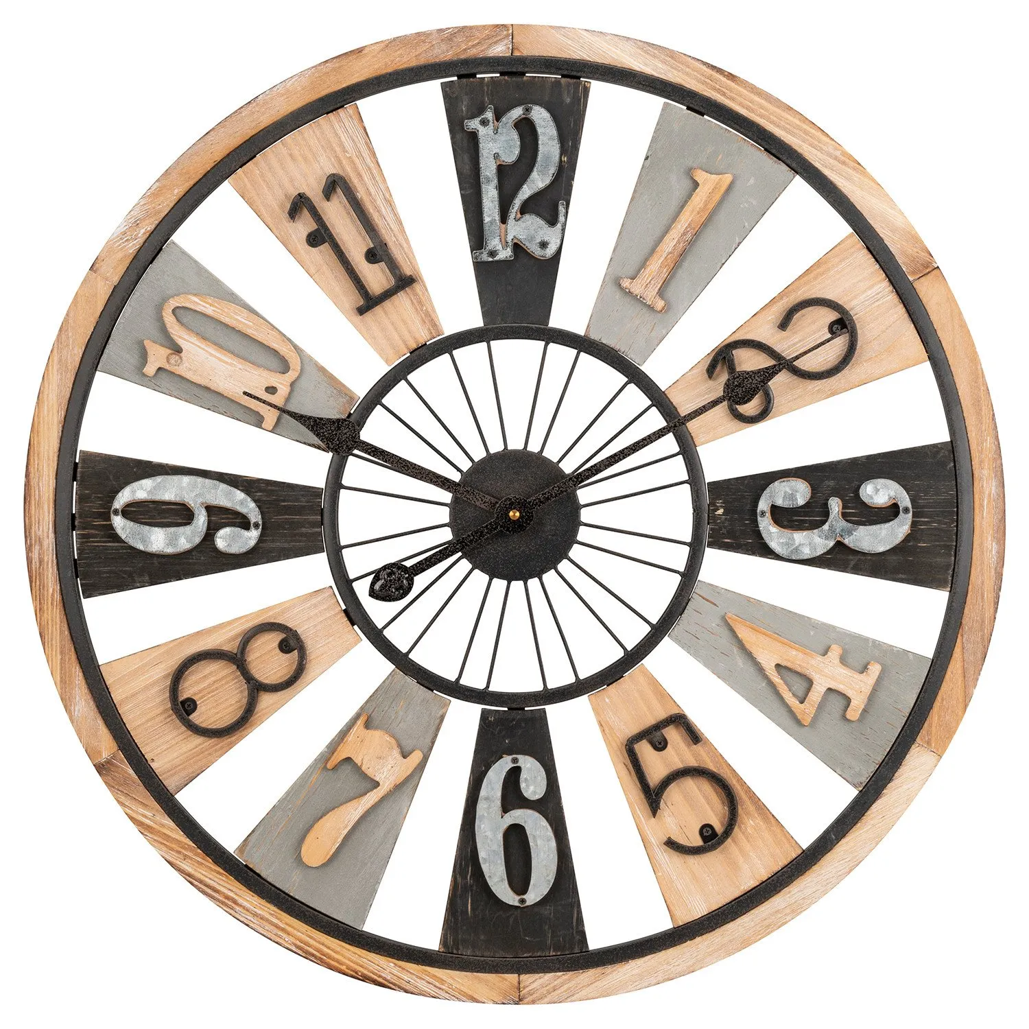 Wooden Numerical Round Wall Clock - Black Metal
